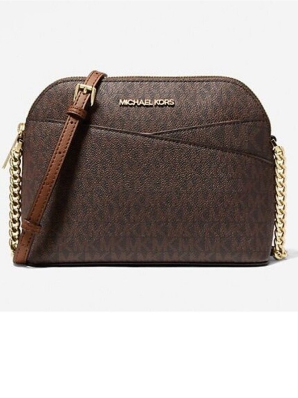 Michael Kors Brown Signature Dome Crossbody with Gold Chain
